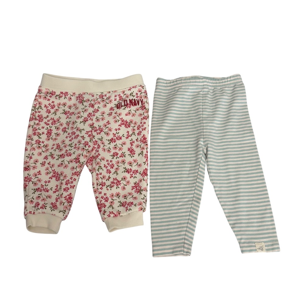 Old Navy & Burt's Bees Baby Girls Pants Lot 3-6M Floral Joggers Striped Leggings
